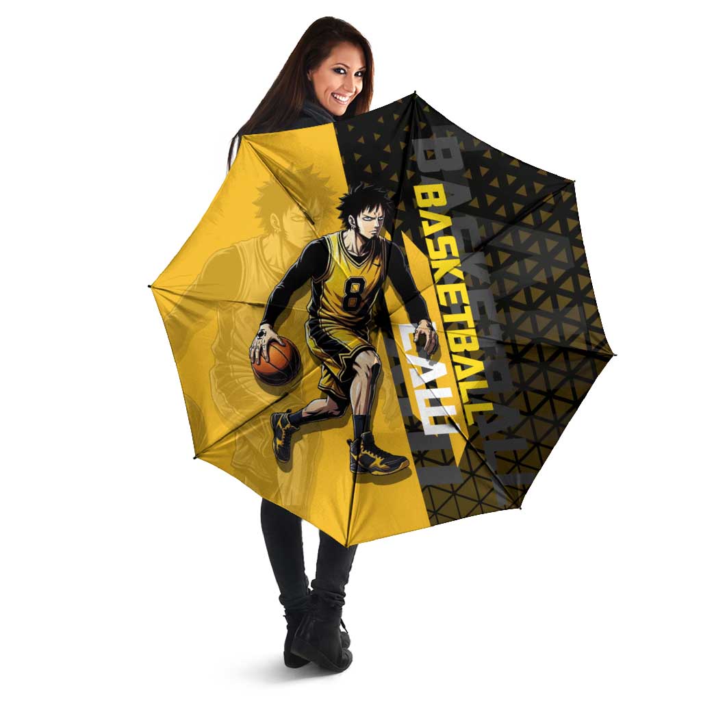 Trafalgar Law One Piece Basketball Theme Yellow and Black Design Umbrella with Heart Pirates Emblem and Action Pose - The Mazicc