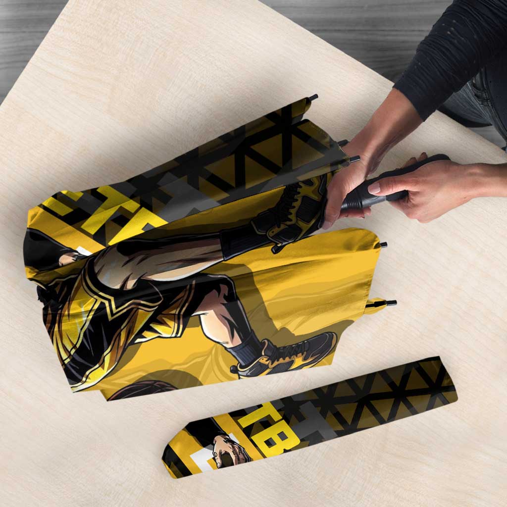 Trafalgar Law One Piece Basketball Theme Yellow and Black Design Umbrella with Heart Pirates Emblem and Action Pose - The Mazicc