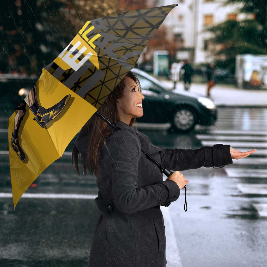 Trafalgar Law One Piece Basketball Theme Yellow and Black Design Umbrella with Heart Pirates Emblem and Action Pose - The Mazicc