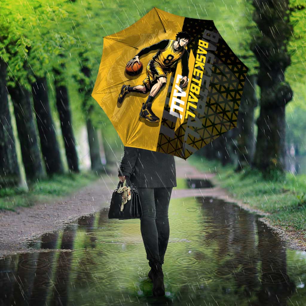 Trafalgar Law One Piece Basketball Theme Yellow and Black Design Umbrella with Heart Pirates Emblem and Action Pose - The Mazicc