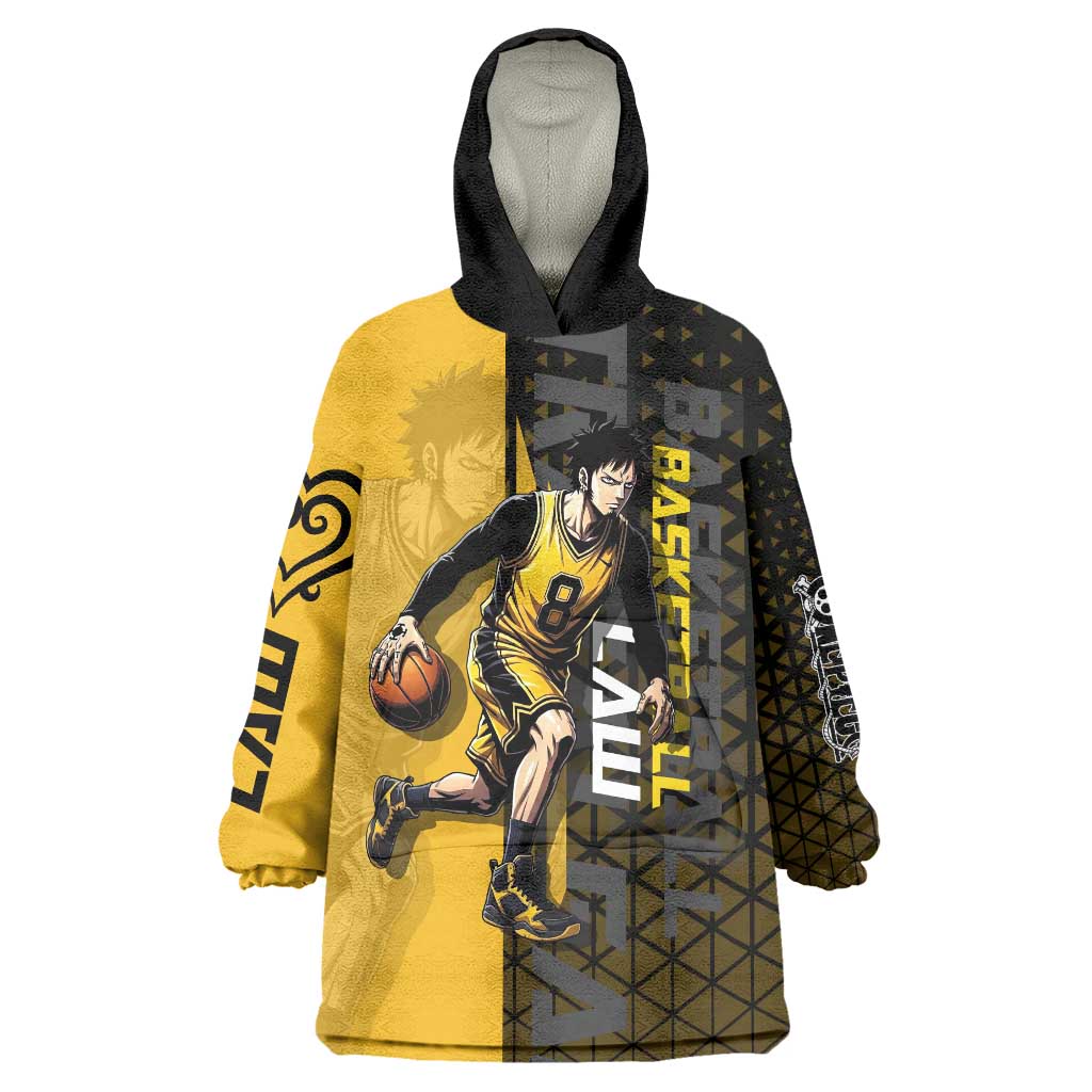 Trafalgar Law One Piece Basketball Theme Yellow and Black Design Wearable Blanket Hoodie with Heart Pirates Emblem and Action Pose - The Mazicc