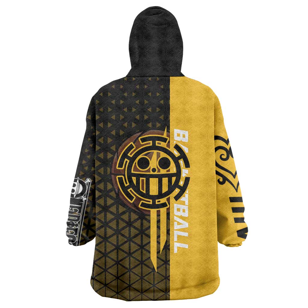 Trafalgar Law One Piece Basketball Theme Yellow and Black Design Wearable Blanket Hoodie with Heart Pirates Emblem and Action Pose - The Mazicc
