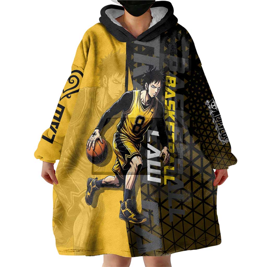 Trafalgar Law One Piece Basketball Theme Yellow and Black Design Wearable Blanket Hoodie with Heart Pirates Emblem and Action Pose - The Mazicc