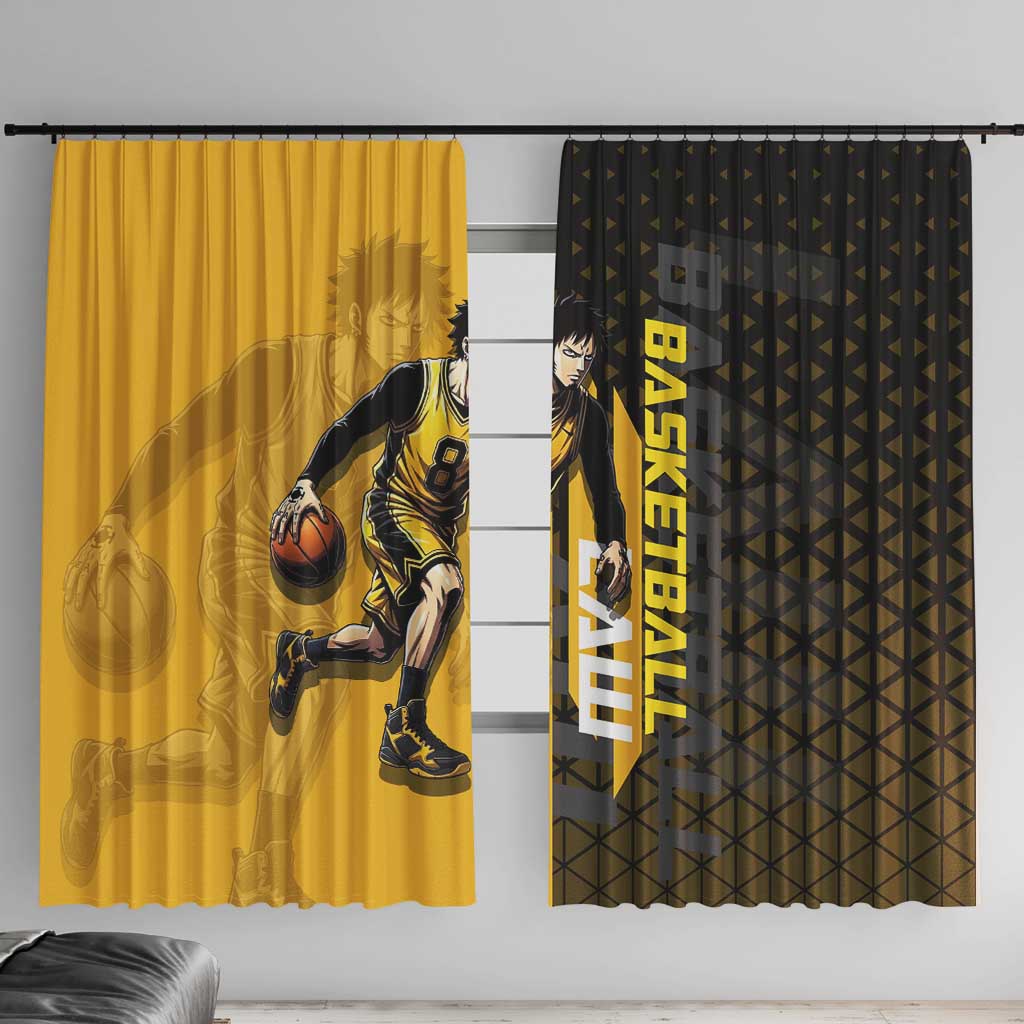 Trafalgar Law One Piece Basketball Theme Yellow and Black Design Window Curtain with Heart Pirates Emblem and Action Pose - The Mazicc
