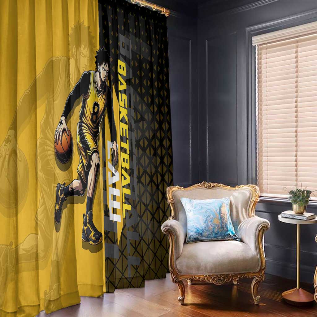 Trafalgar Law One Piece Basketball Theme Yellow and Black Design Window Curtain with Heart Pirates Emblem and Action Pose - The Mazicc