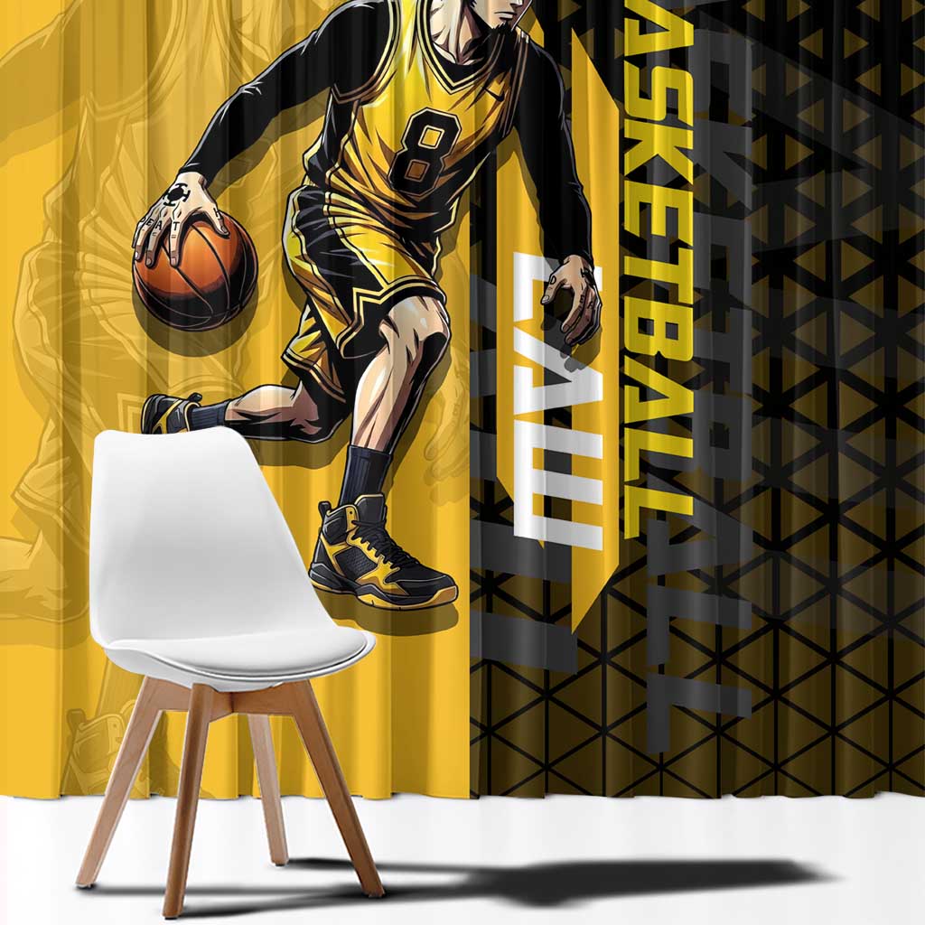 Trafalgar Law One Piece Basketball Theme Yellow and Black Design Window Curtain with Heart Pirates Emblem and Action Pose - The Mazicc