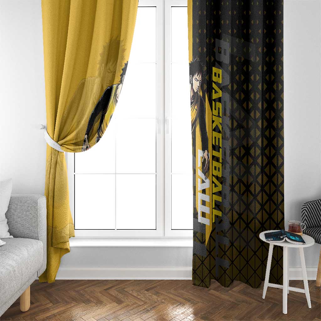 Trafalgar Law One Piece Basketball Theme Yellow and Black Design Window Curtain with Heart Pirates Emblem and Action Pose - The Mazicc