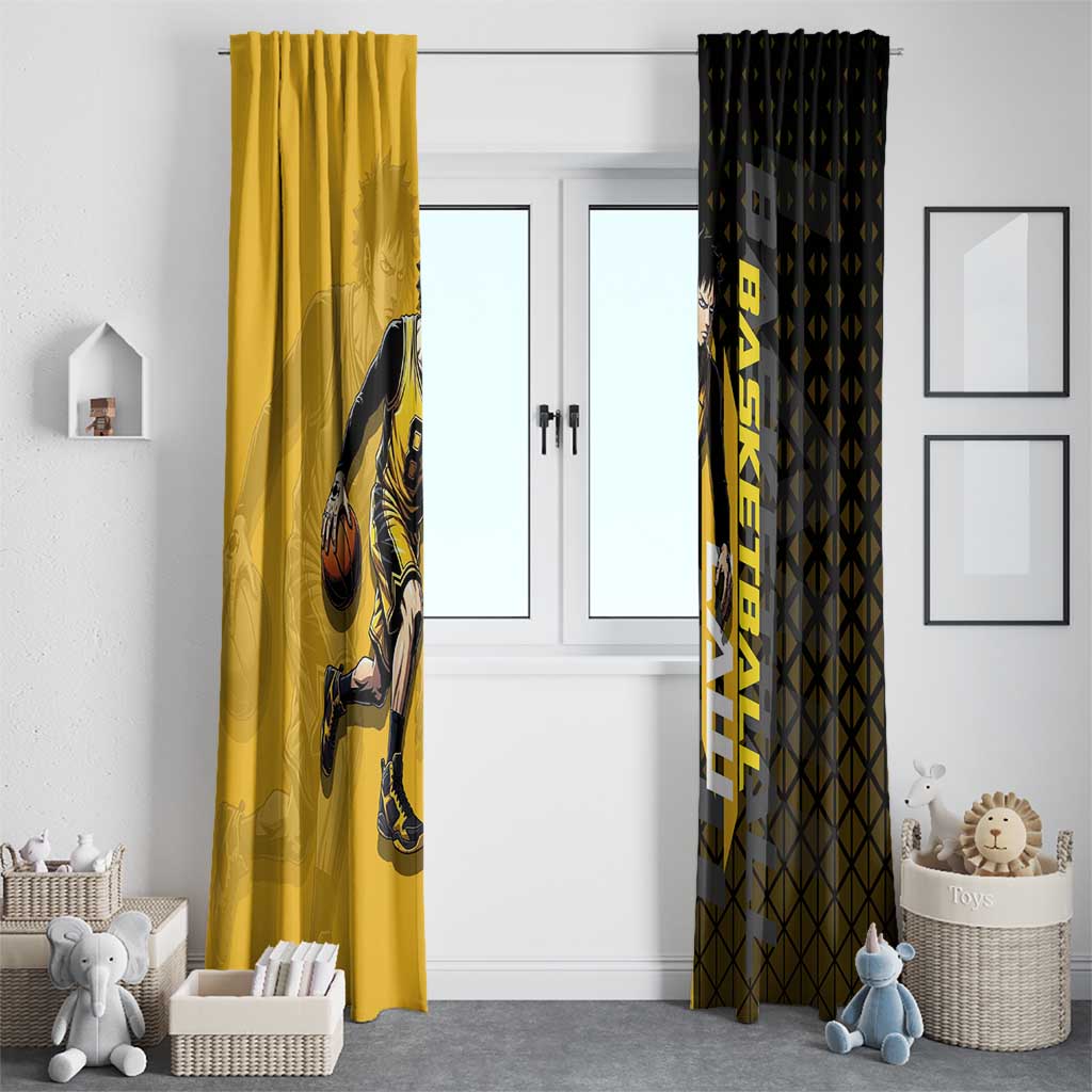 Trafalgar Law One Piece Basketball Theme Yellow and Black Design Window Curtain with Heart Pirates Emblem and Action Pose - The Mazicc