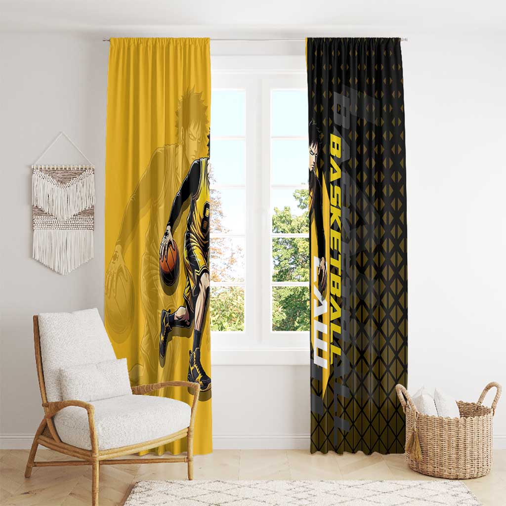 Trafalgar Law One Piece Basketball Theme Yellow and Black Design Window Curtain with Heart Pirates Emblem and Action Pose - The Mazicc