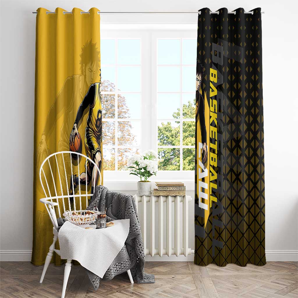 Trafalgar Law One Piece Basketball Theme Yellow and Black Design Window Curtain with Heart Pirates Emblem and Action Pose - The Mazicc
