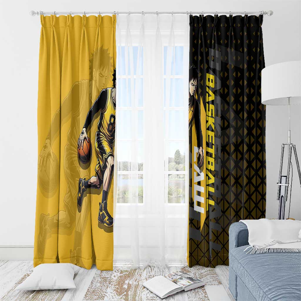 Trafalgar Law One Piece Basketball Theme Yellow and Black Design Window Curtain with Heart Pirates Emblem and Action Pose - The Mazicc