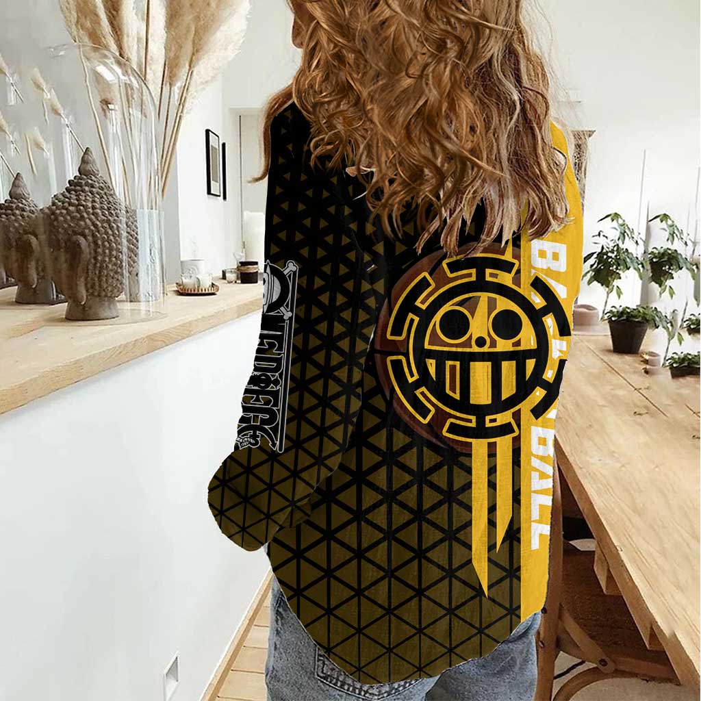 Trafalgar Law One Piece Basketball Theme Yellow and Black Design Women Casual Shirt with Heart Pirates Emblem and Action Pose - The Mazicc