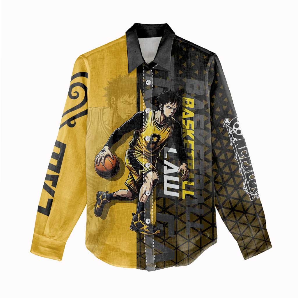 Trafalgar Law One Piece Basketball Theme Yellow and Black Design Women Casual Shirt with Heart Pirates Emblem and Action Pose - The Mazicc