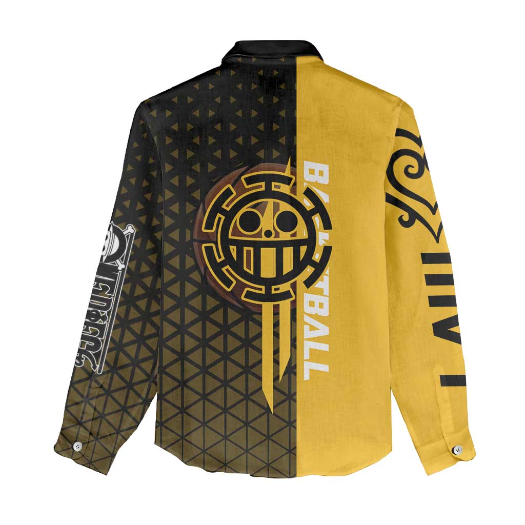 Trafalgar Law One Piece Basketball Theme Yellow and Black Design Women Casual Shirt with Heart Pirates Emblem and Action Pose - The Mazicc