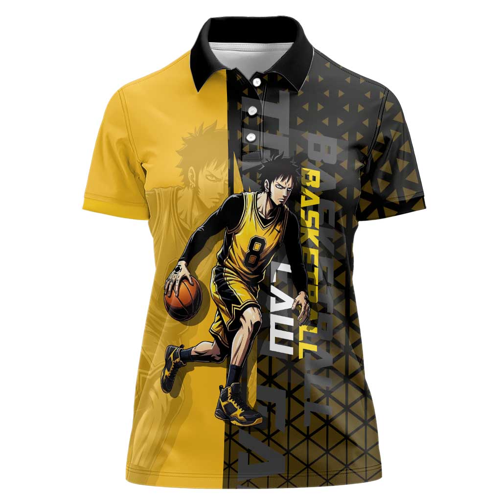 Trafalgar Law One Piece Basketball Theme Yellow and Black Design Women Polo Shirt with Heart Pirates Emblem and Action Pose - The Mazicc