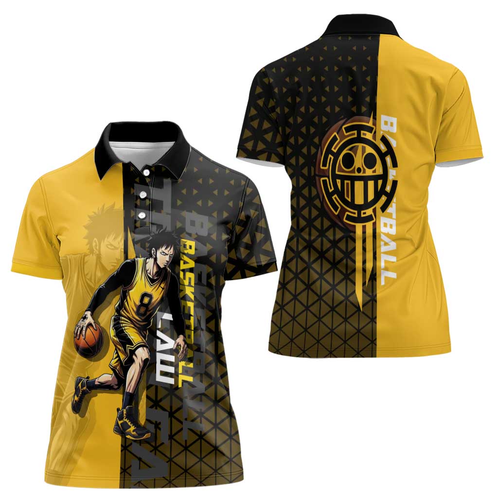 Trafalgar Law One Piece Basketball Theme Yellow and Black Design Women Polo Shirt with Heart Pirates Emblem and Action Pose - The Mazicc