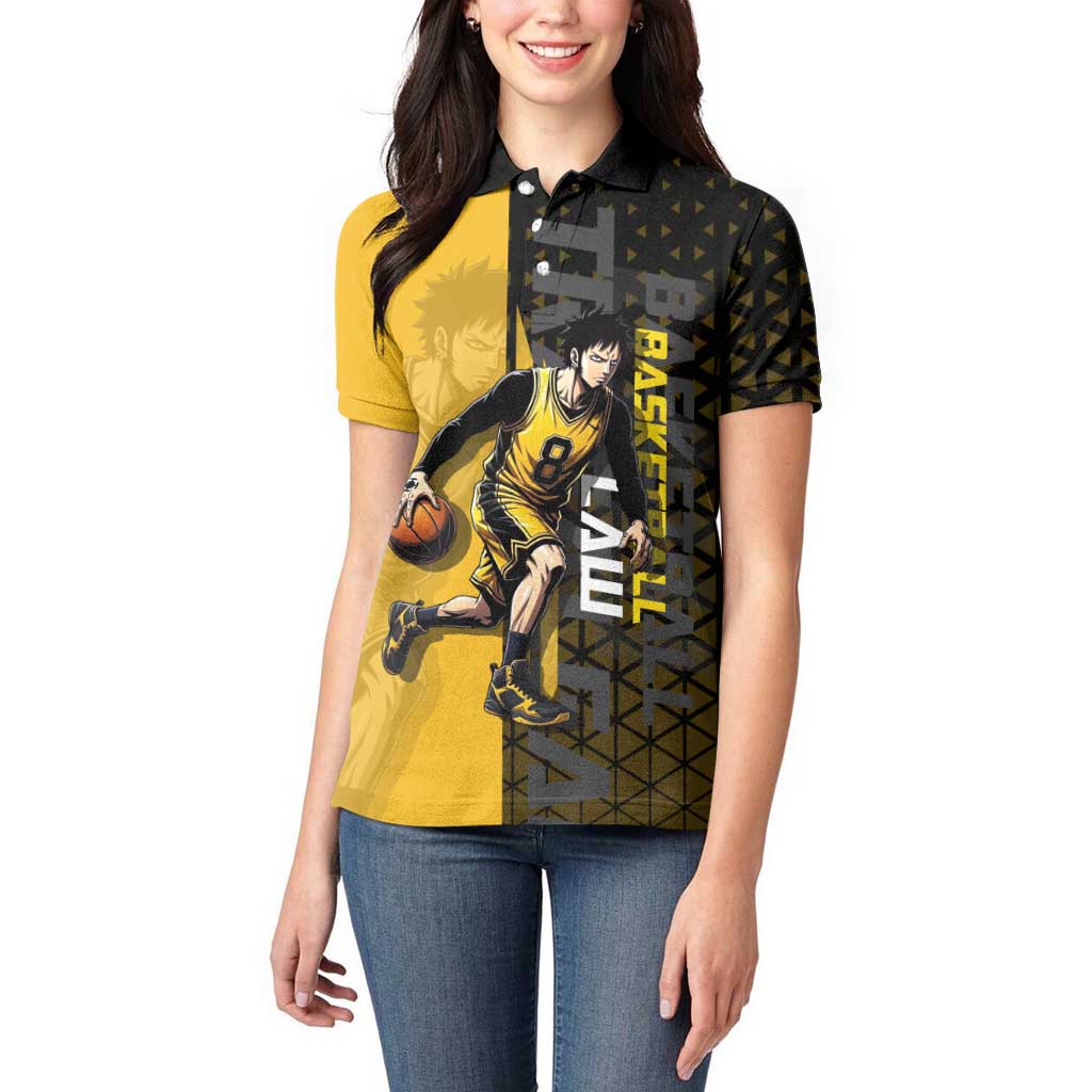 Trafalgar Law One Piece Basketball Theme Yellow and Black Design Women Polo Shirt with Heart Pirates Emblem and Action Pose - The Mazicc