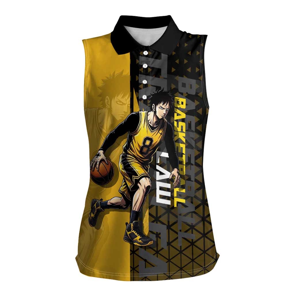 Trafalgar Law One Piece Basketball Theme Yellow and Black Design Women Sleeveless Polo Shirt with Heart Pirates Emblem and Action Pose - The Mazicc