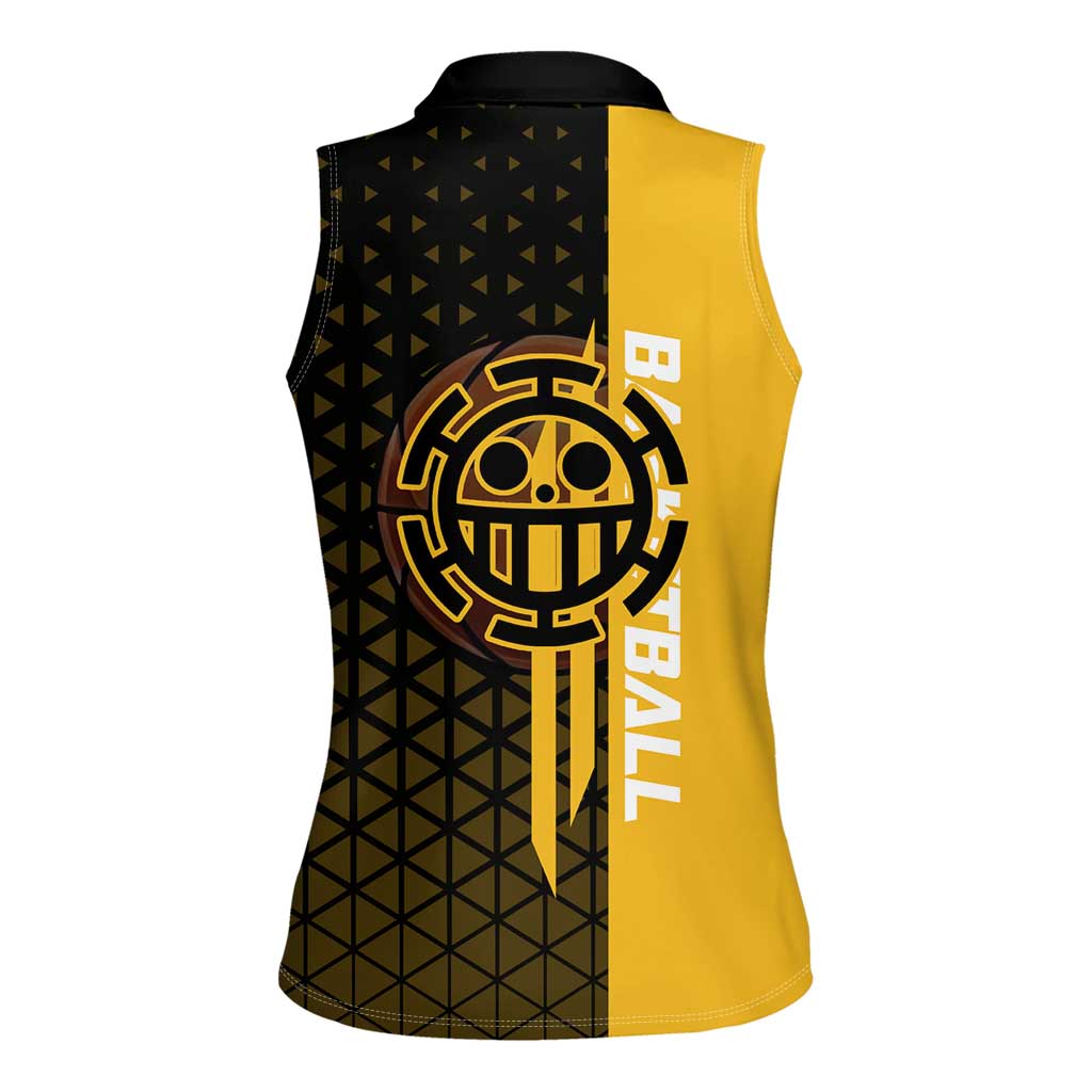 Trafalgar Law One Piece Basketball Theme Yellow and Black Design Women Sleeveless Polo Shirt with Heart Pirates Emblem and Action Pose - The Mazicc