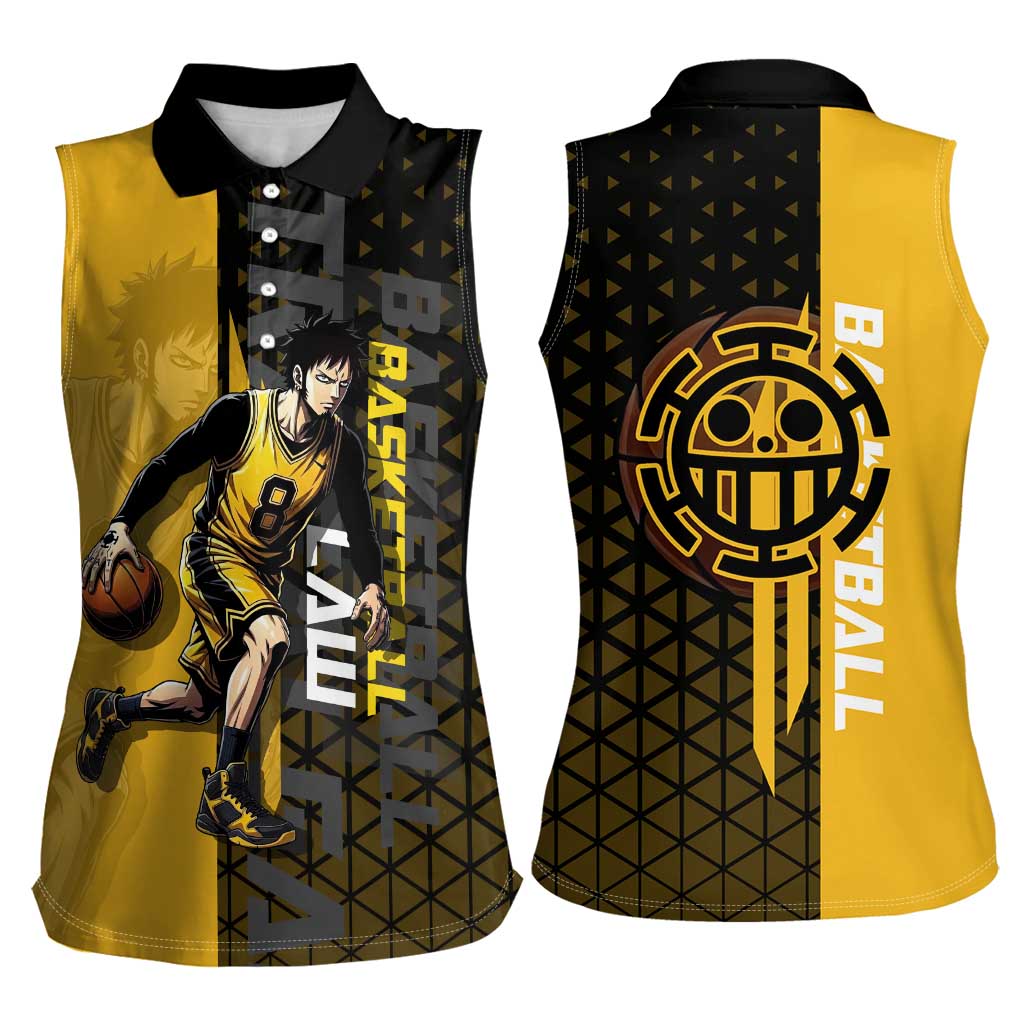 Trafalgar Law One Piece Basketball Theme Yellow and Black Design Women Sleeveless Polo Shirt with Heart Pirates Emblem and Action Pose - The Mazicc