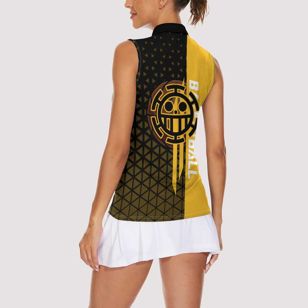 Trafalgar Law One Piece Basketball Theme Yellow and Black Design Women Sleeveless Polo Shirt with Heart Pirates Emblem and Action Pose - The Mazicc