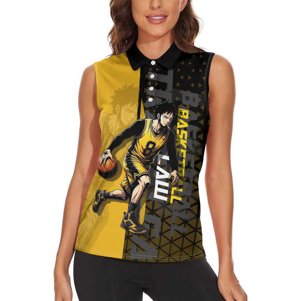 Trafalgar Law One Piece Basketball Theme Yellow and Black Design Women Sleeveless Polo Shirt with Heart Pirates Emblem and Action Pose - The Mazicc