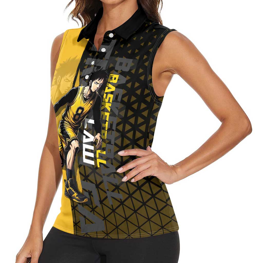 Trafalgar Law One Piece Basketball Theme Yellow and Black Design Women Sleeveless Polo Shirt with Heart Pirates Emblem and Action Pose - The Mazicc