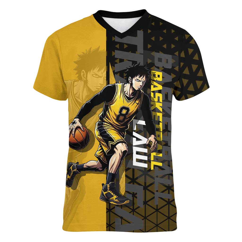 Trafalgar Law One Piece Basketball Theme Yellow and Black Design Women V-Neck T-Shirt with Heart Pirates Emblem and Action Pose - The Mazicc