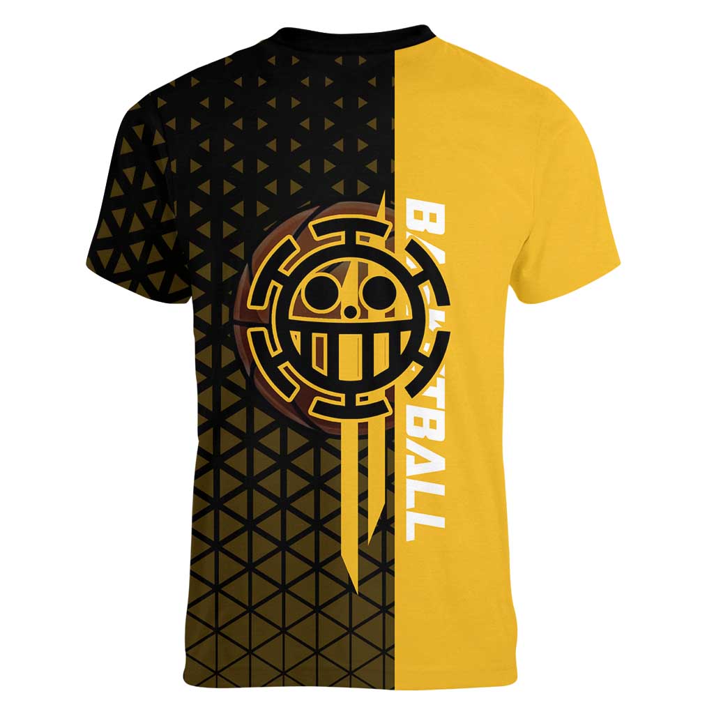 Trafalgar Law One Piece Basketball Theme Yellow and Black Design Women V-Neck T-Shirt with Heart Pirates Emblem and Action Pose - The Mazicc