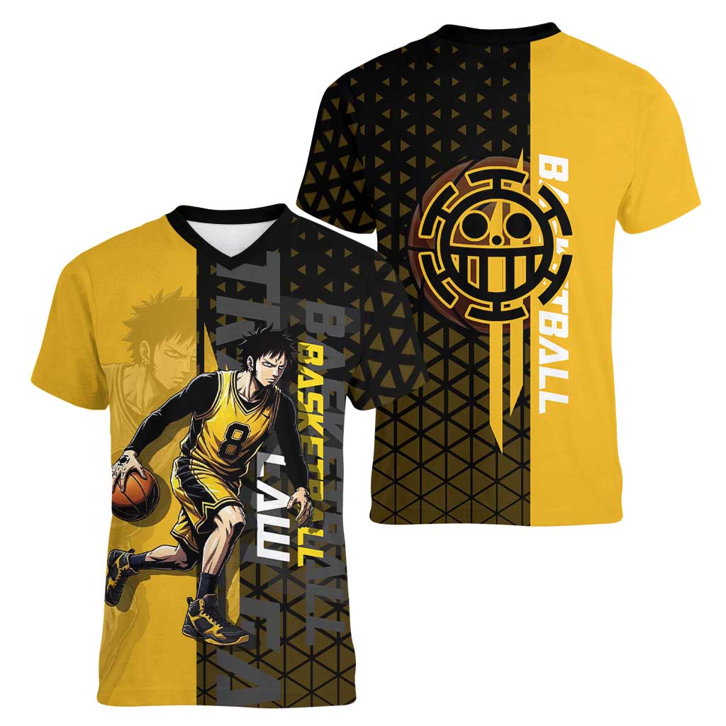 Trafalgar Law One Piece Basketball Theme Yellow and Black Design Women V-Neck T-Shirt with Heart Pirates Emblem and Action Pose - The Mazicc