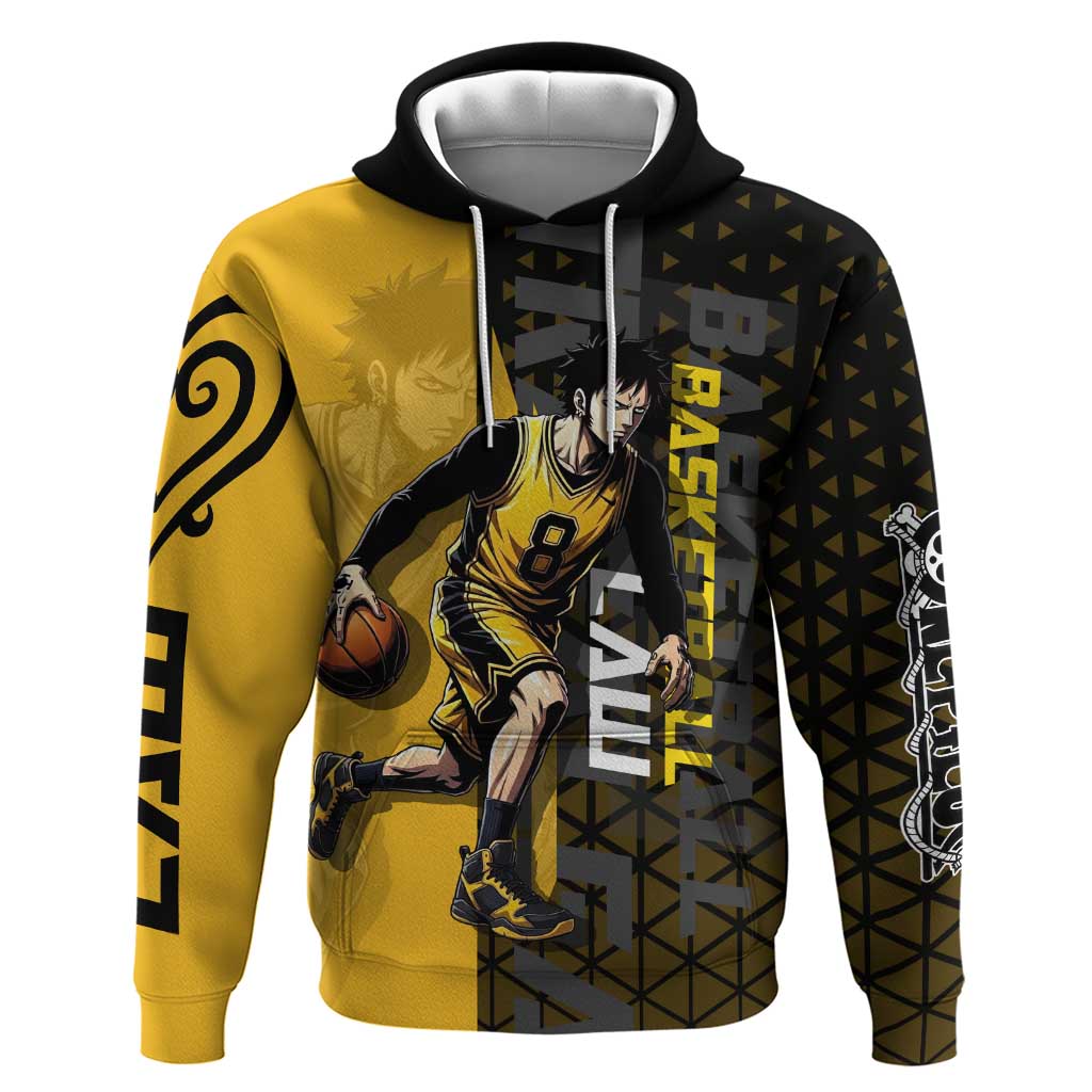 Trafalgar Law One Piece Basketball Theme Yellow and Black Design Zip Hoodie with Heart Pirates Emblem and Action Pose - The Mazicc