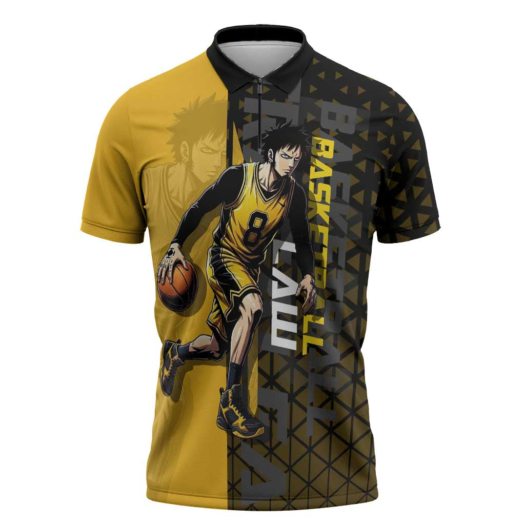 Trafalgar Law One Piece Basketball Theme Yellow and Black Design Zipper Polo Shirt with Heart Pirates Emblem and Action Pose - The Mazicc