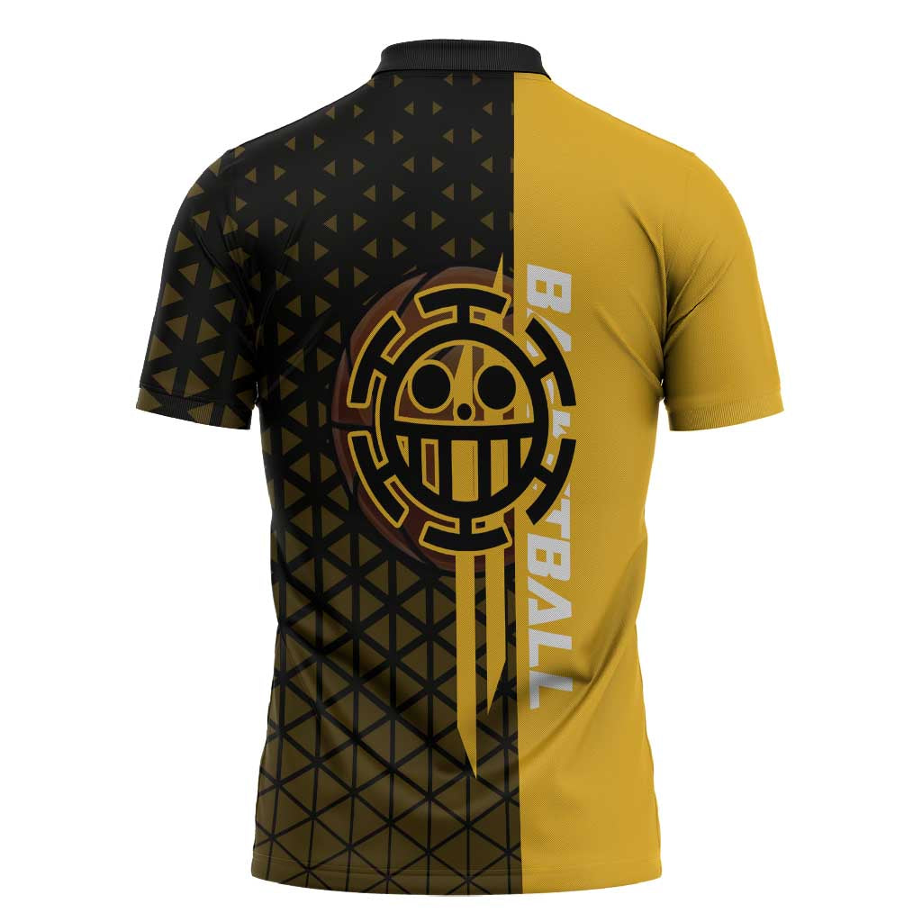 Trafalgar Law One Piece Basketball Theme Yellow and Black Design Zipper Polo Shirt with Heart Pirates Emblem and Action Pose - The Mazicc