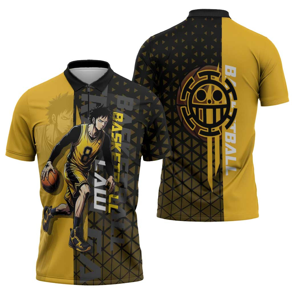 Trafalgar Law One Piece Basketball Theme Yellow and Black Design Zipper Polo Shirt with Heart Pirates Emblem and Action Pose - The Mazicc