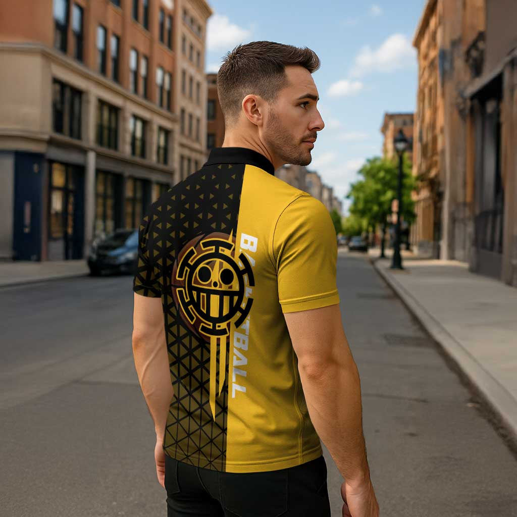 Trafalgar Law One Piece Basketball Theme Yellow and Black Design Zipper Polo Shirt with Heart Pirates Emblem and Action Pose - The Mazicc