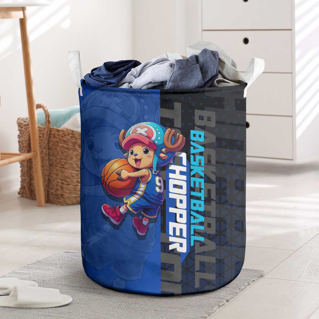 Tony Tony Chopper One Piece Basketball Theme Blue and Black Design Laundry Basket with Straw Hat Crew Emblem and Playful Pose - The Mazicc