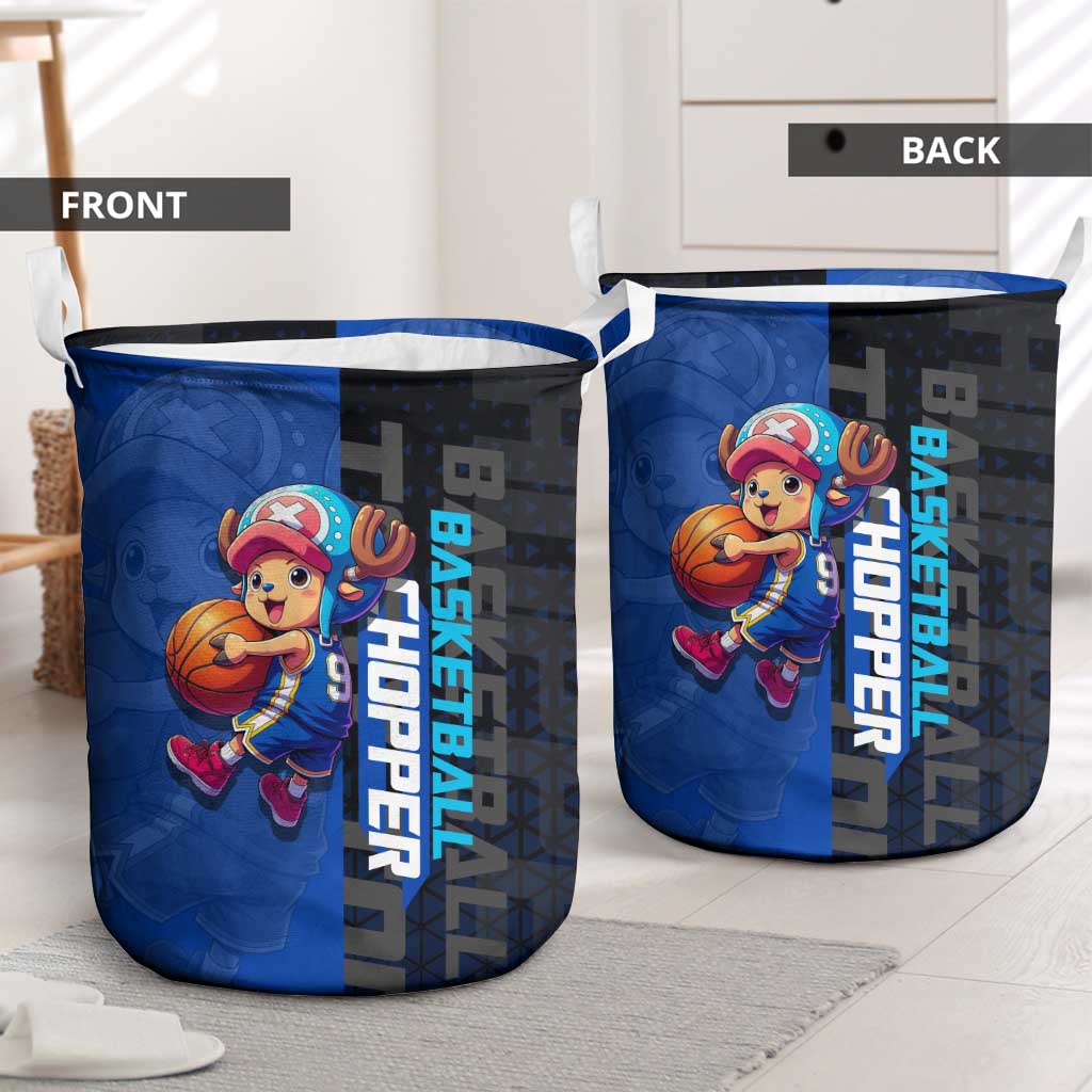 Tony Tony Chopper One Piece Basketball Theme Blue and Black Design Laundry Basket with Straw Hat Crew Emblem and Playful Pose - The Mazicc