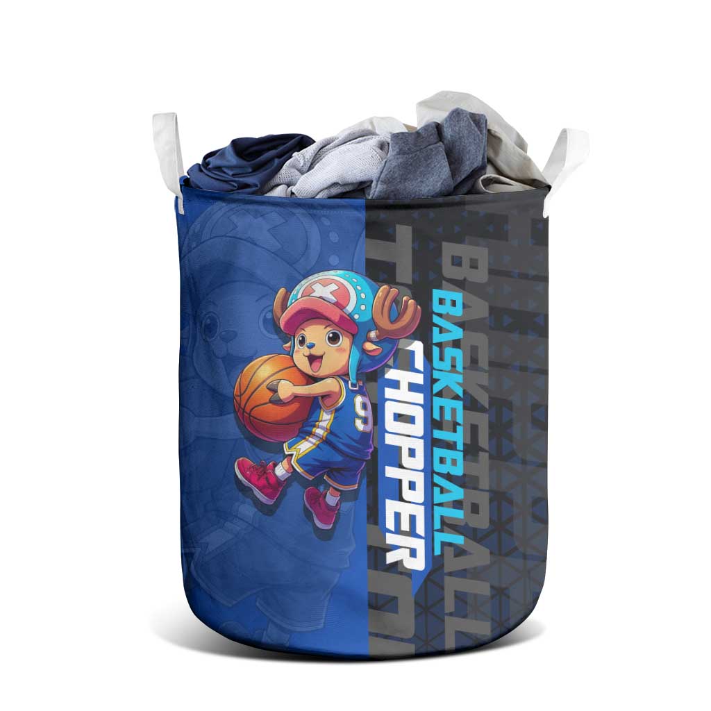 Tony Tony Chopper One Piece Basketball Theme Blue and Black Design Laundry Basket with Straw Hat Crew Emblem and Playful Pose - The Mazicc