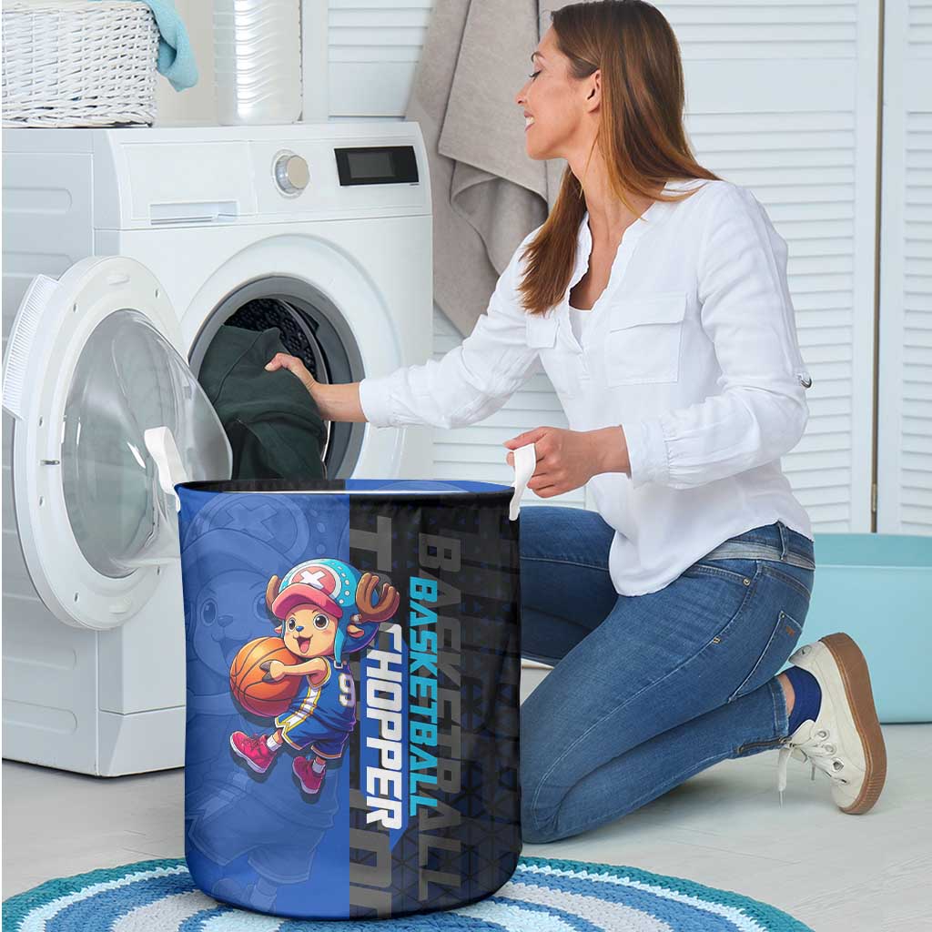 Tony Tony Chopper One Piece Basketball Theme Blue and Black Design Laundry Basket with Straw Hat Crew Emblem and Playful Pose - The Mazicc