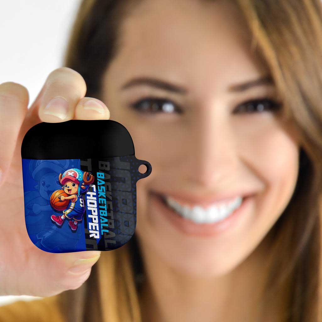 Tony Tony Chopper One Piece Basketball Theme Blue and Black Design AirPods Case with Straw Hat Crew Emblem and Playful Pose - The Mazicc