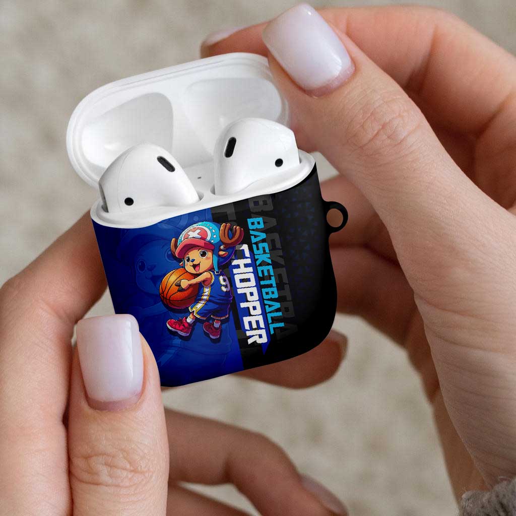 Tony Tony Chopper One Piece Basketball Theme Blue and Black Design AirPods Case with Straw Hat Crew Emblem and Playful Pose - The Mazicc