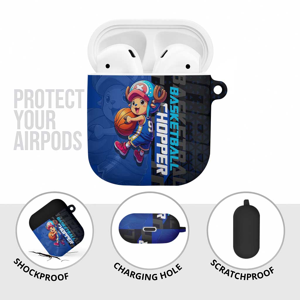 Tony Tony Chopper One Piece Basketball Theme Blue and Black Design AirPods Case with Straw Hat Crew Emblem and Playful Pose - The Mazicc