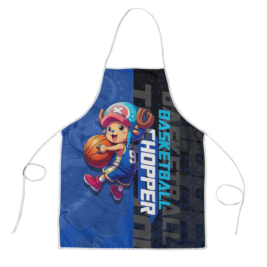 Tony Tony Chopper One Piece Basketball Theme Blue and Black Design Apron with Straw Hat Crew Emblem and Playful Pose - The Mazicc