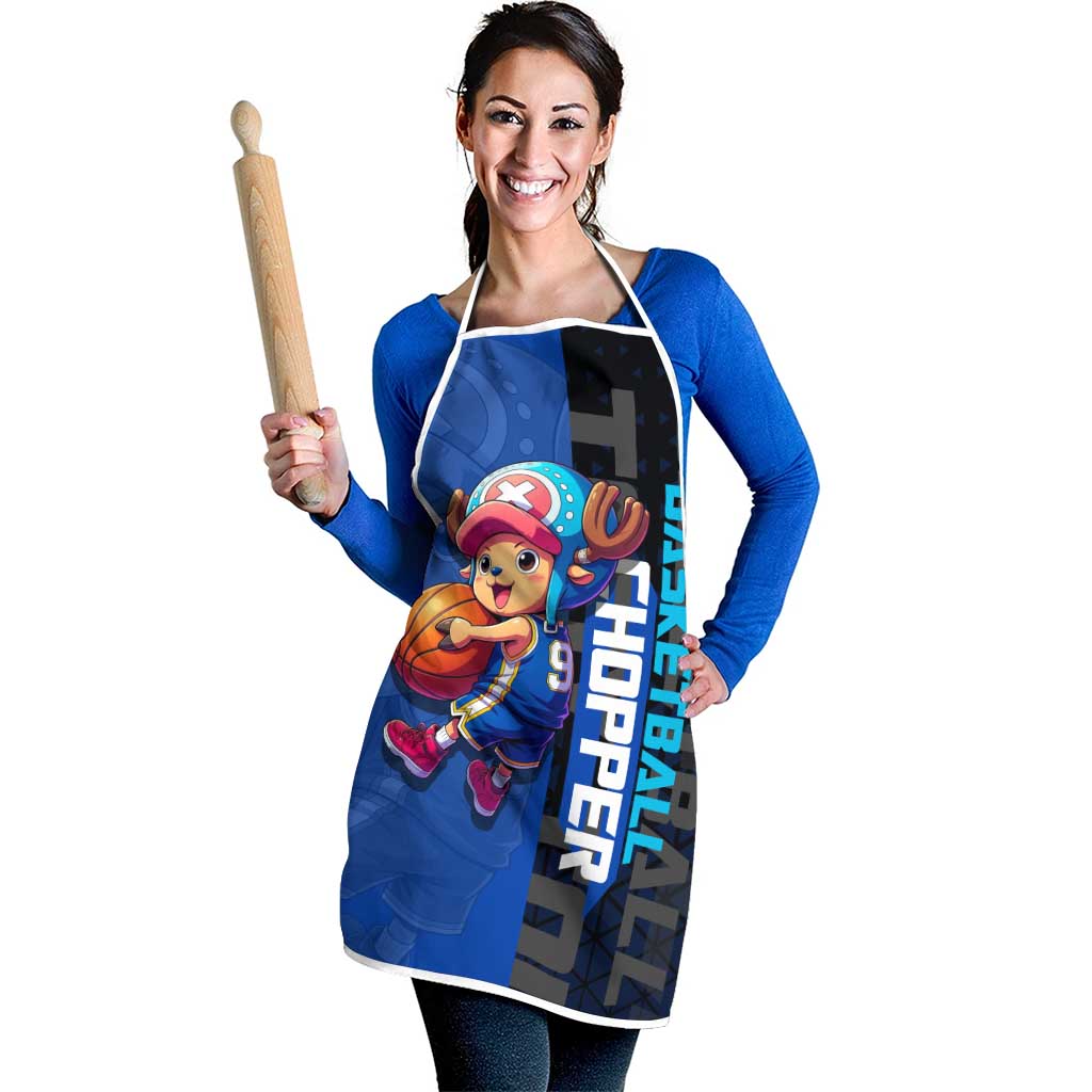 Tony Tony Chopper One Piece Basketball Theme Blue and Black Design Apron with Straw Hat Crew Emblem and Playful Pose - The Mazicc
