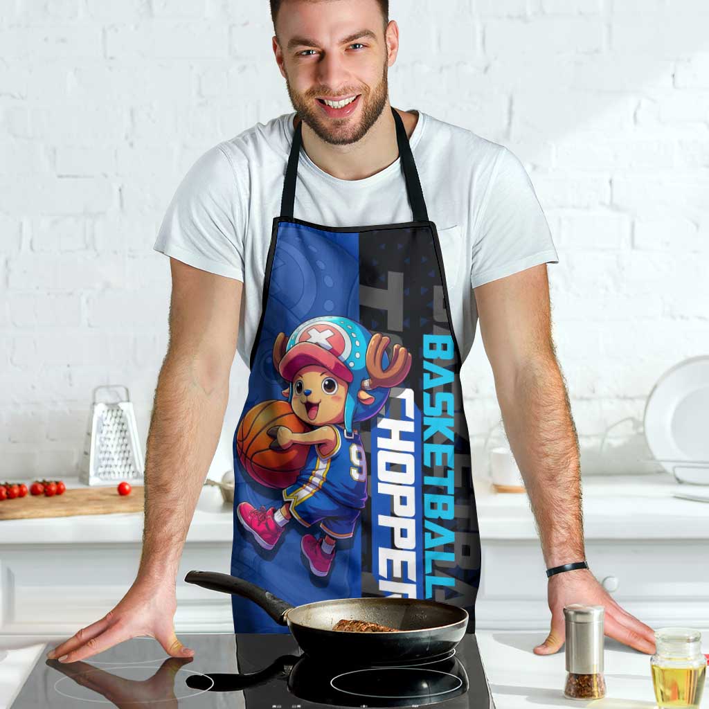 Tony Tony Chopper One Piece Basketball Theme Blue and Black Design Apron with Straw Hat Crew Emblem and Playful Pose - The Mazicc