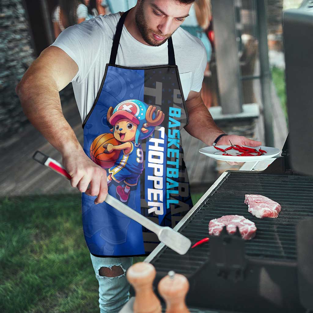 Tony Tony Chopper One Piece Basketball Theme Blue and Black Design Apron with Straw Hat Crew Emblem and Playful Pose - The Mazicc