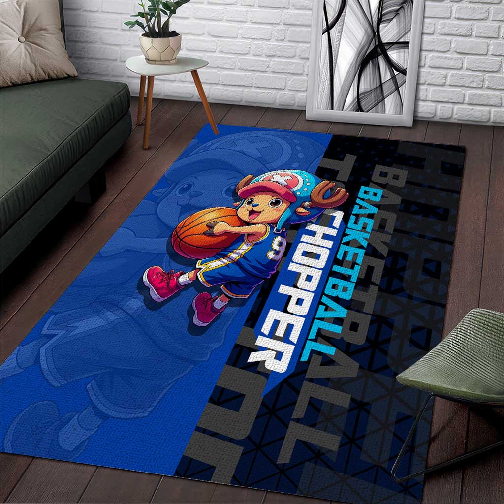 Tony Tony Chopper One Piece Basketball Theme Blue and Black Design Area Rug with Straw Hat Crew Emblem and Playful Pose - The Mazicc