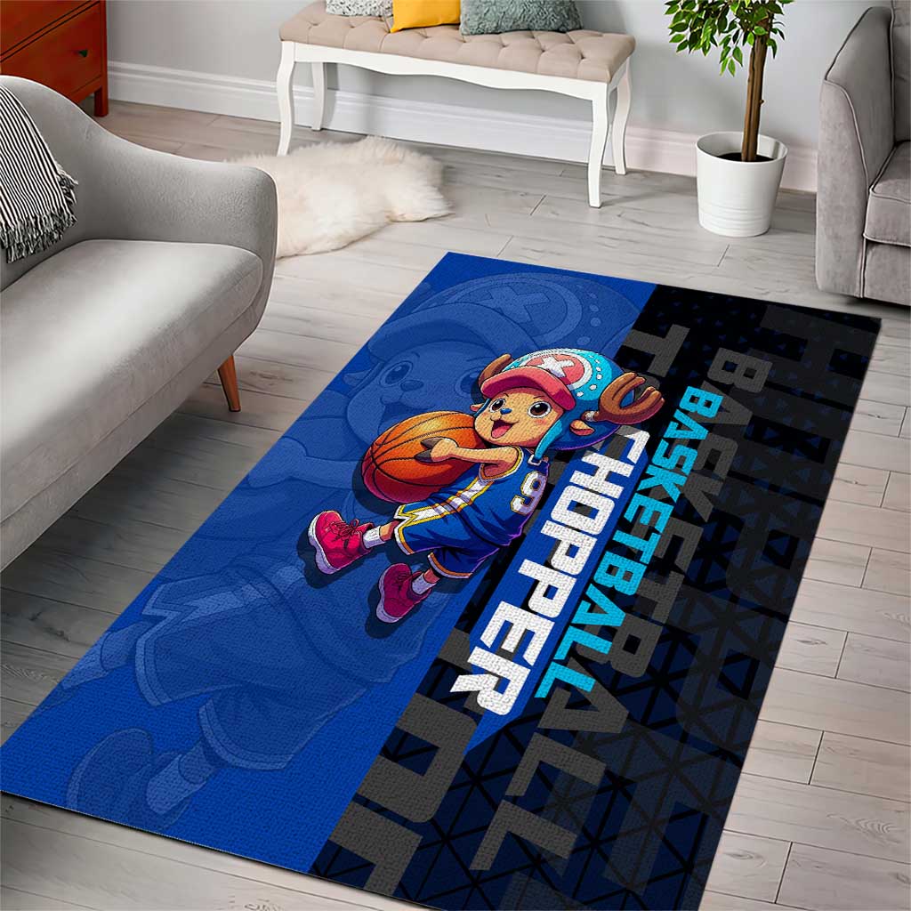 Tony Tony Chopper One Piece Basketball Theme Blue and Black Design Area Rug with Straw Hat Crew Emblem and Playful Pose - The Mazicc