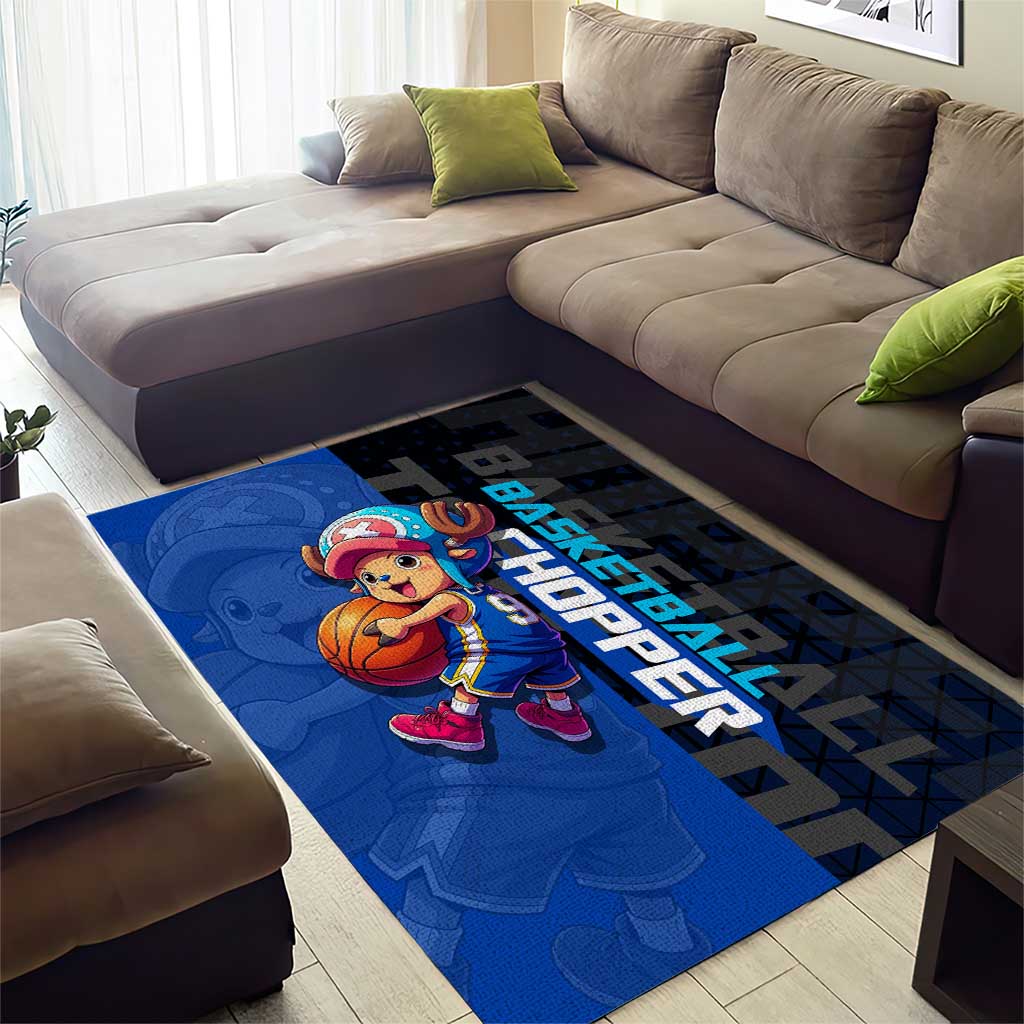 Tony Tony Chopper One Piece Basketball Theme Blue and Black Design Area Rug with Straw Hat Crew Emblem and Playful Pose - The Mazicc