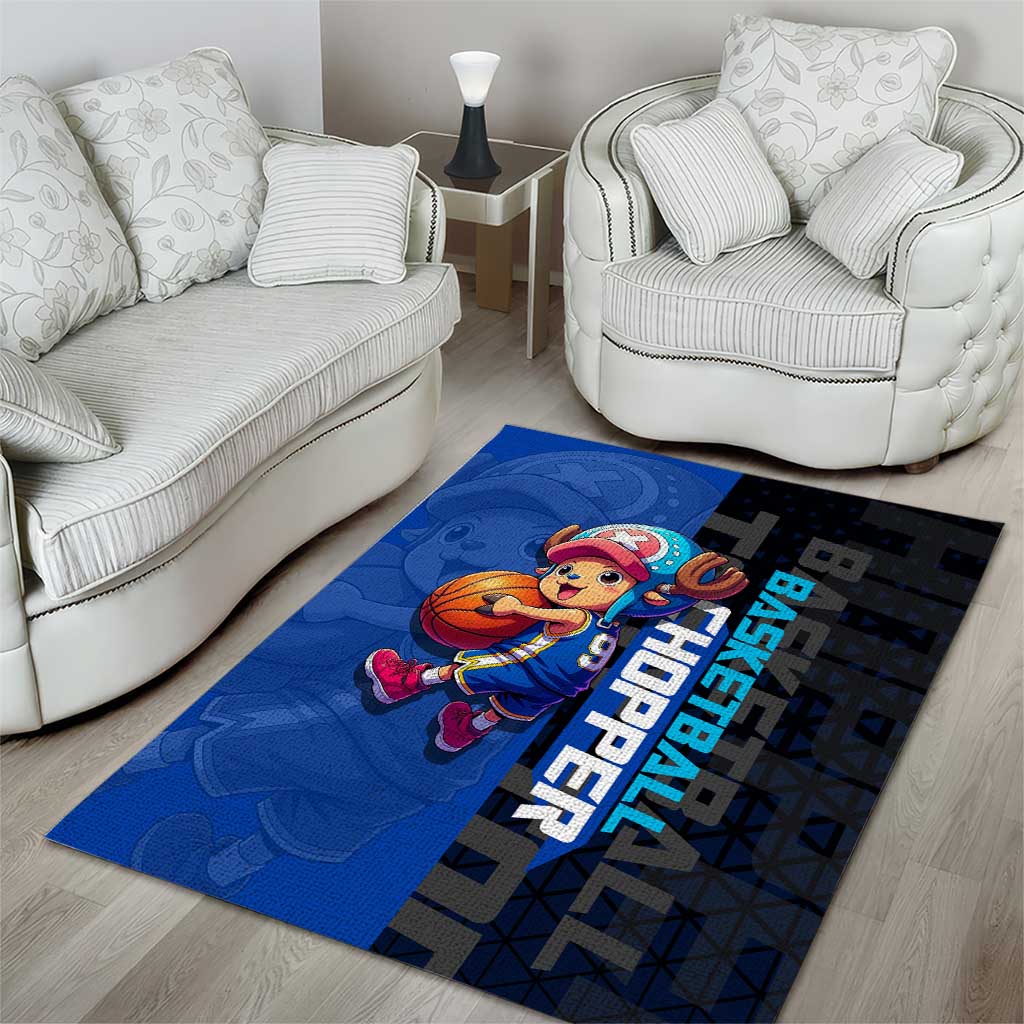 Tony Tony Chopper One Piece Basketball Theme Blue and Black Design Area Rug with Straw Hat Crew Emblem and Playful Pose - The Mazicc